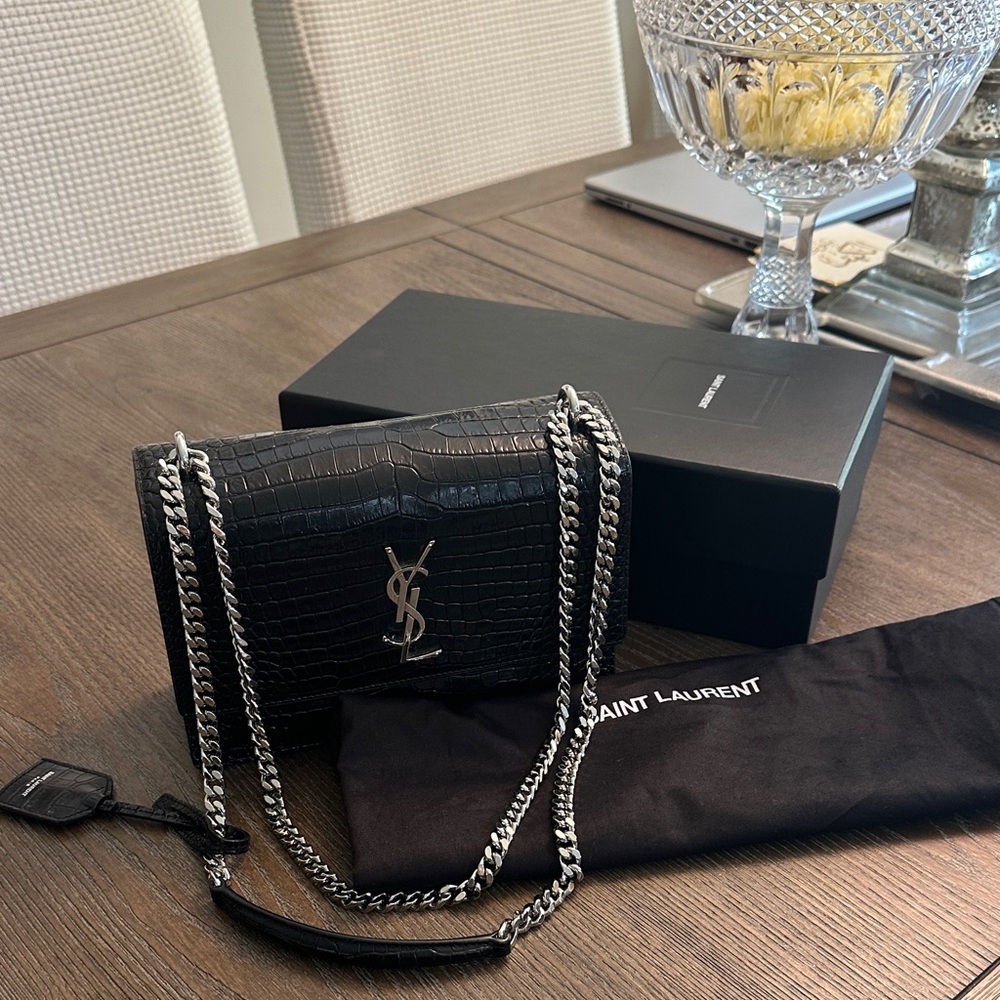 Saint Laurent Black Croc-Embossed sunset medium bag .